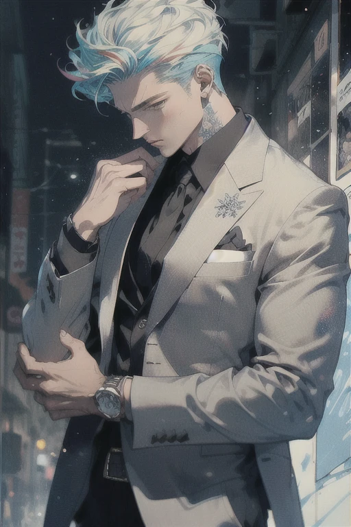 Realistic, (masterpiece, high quality, best quality, formal art), very detailed, colorful, most detailed, gods, short, (magic), handsome man, snowflake