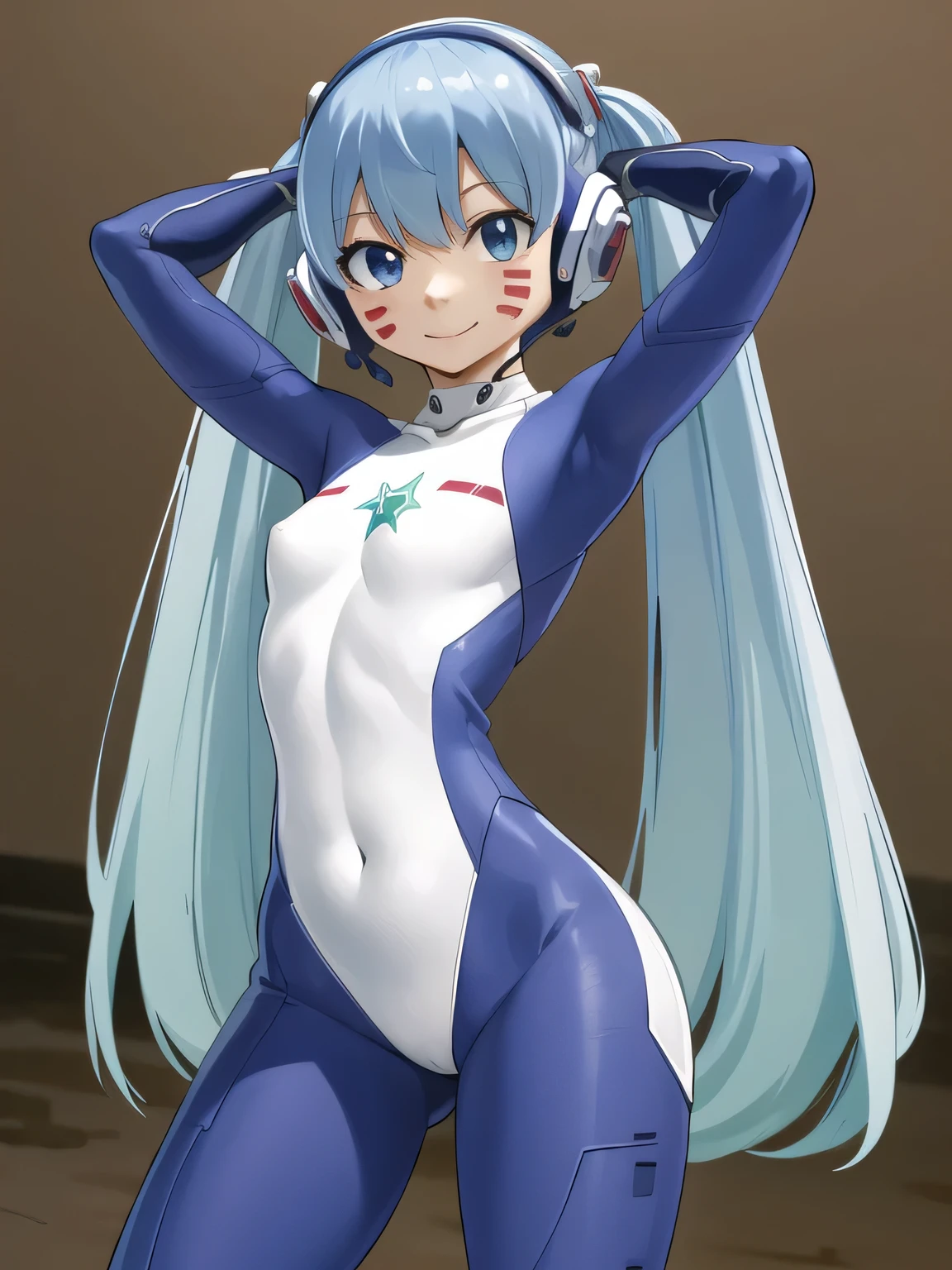 masterpiece, best quality, highres, aamio, long hair, twintails, facial mark, headphones, small breasts, white bodysuit, skin tight, gloves, dynamic pose, contrapposto, spread armpit, arms behind head, smile, solo, looking at viewer, (cowboy shot:1.5), cyberpunk, smile, night sky, beach,
