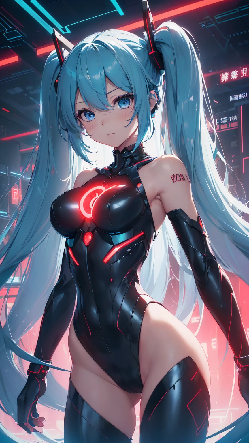 最high quality、Best image quality、masterpiece、Hatsune Miku VOCALOID、、Android Girl((18-year-old、red, A glowing black and blue cyber suit、Blue energy source on chest,Best Bust、Big Breasts、Bust 90、Twin tails、Light blue eyes、Light blue hair、Open your chest wide、valley、happiness、Slender、High heels、Shy face、Please stand in front、Countless cable connections throughout the body、Particles of light、Sharp clawed arms))high quality、Beautiful art、background((Research Facilities、Neon color、Cyber World、red lighting))、Tabletop、Exquisite design、Visual Arts、Feature films、depth(The rampaging android army)