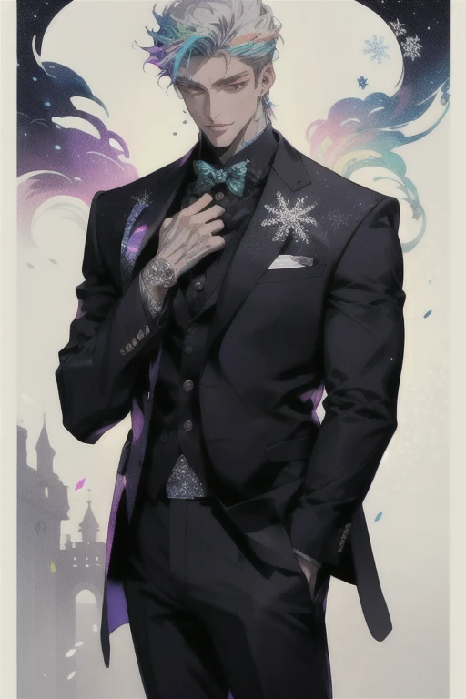 Realistic, (masterpiece, high quality, best quality, formal art), very detailed, colorful, most detailed, gods, short, (magic), handsome man, snowflake