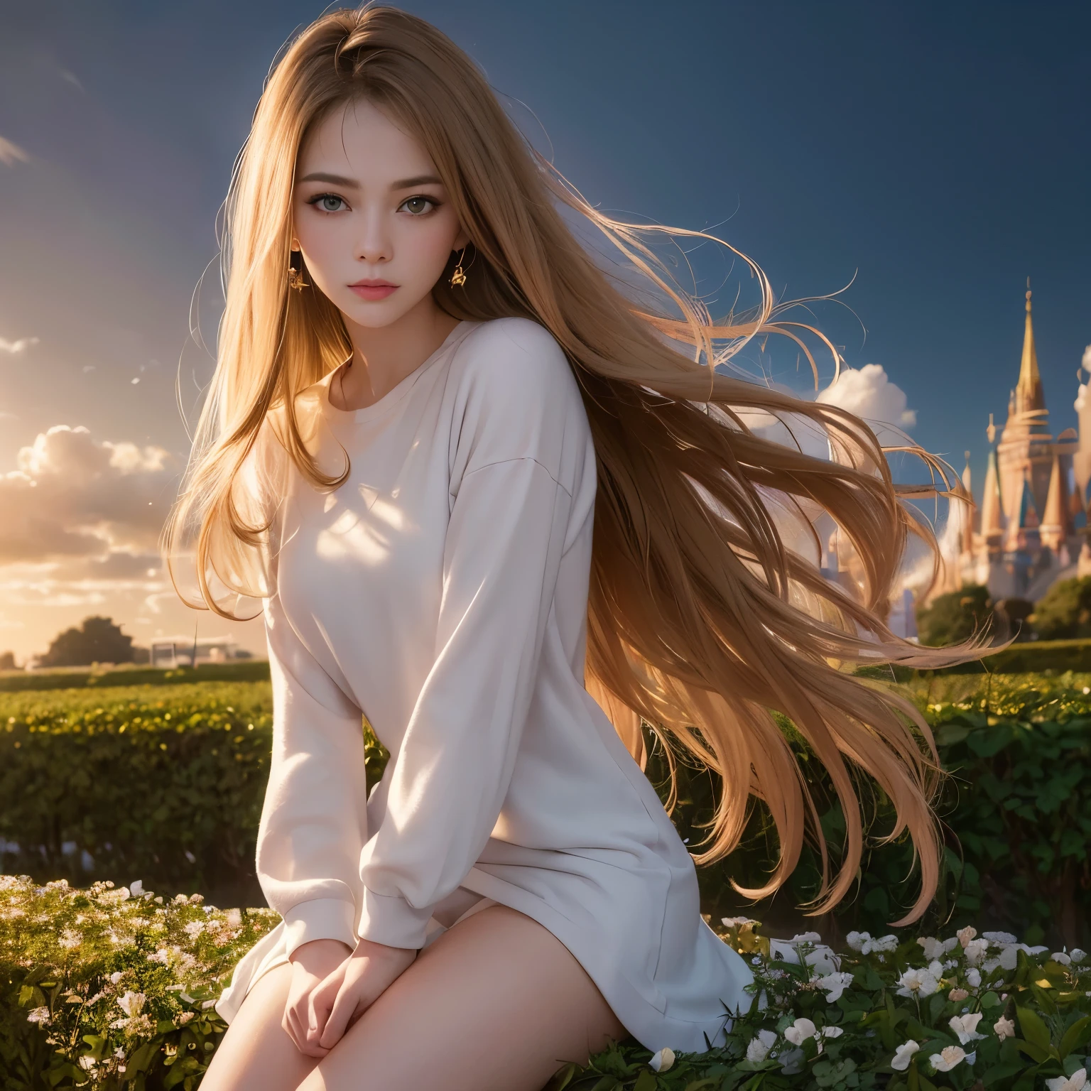 (highest quality,masterpiece,Ultra-high resolution,Hyperrealistic:1.5,16k raw photos:1.5)、(Genuine: 1.4),Original photo、(Evening City)、1 girl,Iris,Looking at the audience,Laugh happily,Long Hair,Silky beautiful hair,light makeup,lips,Small ears,White T-shirt,Denim shorts,Earrings,Slim golden ratio body,Neat、Anatomically accurate depiction、garden,Theme park、