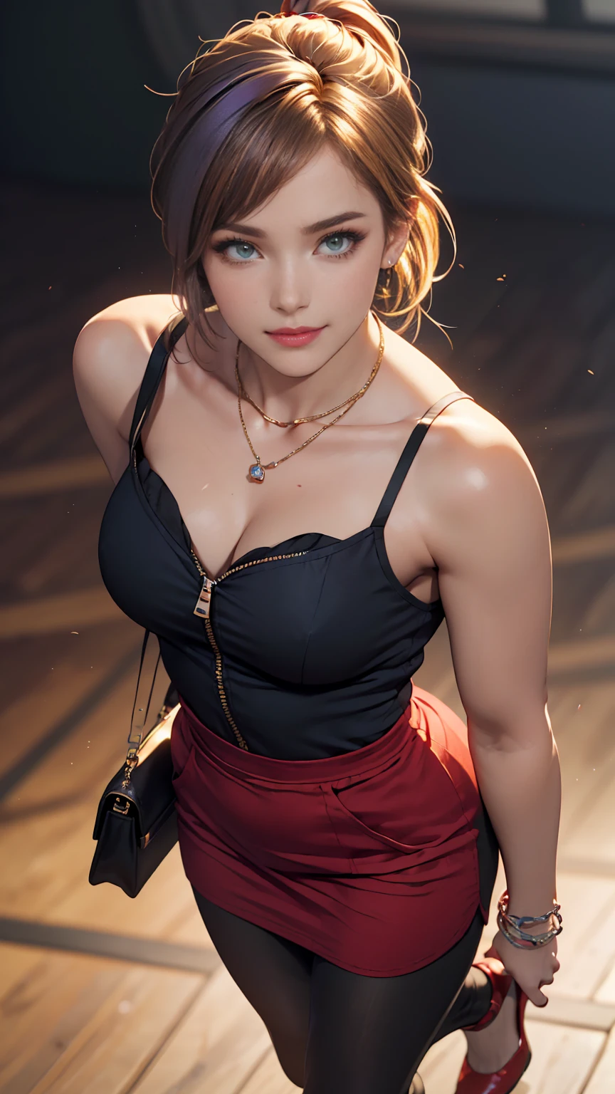 ((最high quality, 8K, masterpiece: 1.3, Ultra HD, high quality, 最high quality, High resolution, realism)) 、A 22-year-old extremely beautiful white woman、Body shape like a fashion model、Hair color blonde、blue eyeedium Hair、Straight Hair、smile、Background blur((depth of field))、Aerial perspective((atmospheric perspective))、I want my head to stay off screen、Put an anklet on your ankle、Wearing red nail polish、I have a peticure、Fashion model body type、purple inner color((colored inner hair))、Split Ponytail((split ponytail))、Wear a high-neck zipper-up dress、Large chest、Narrow waist、Wear leggings、Wear high heels