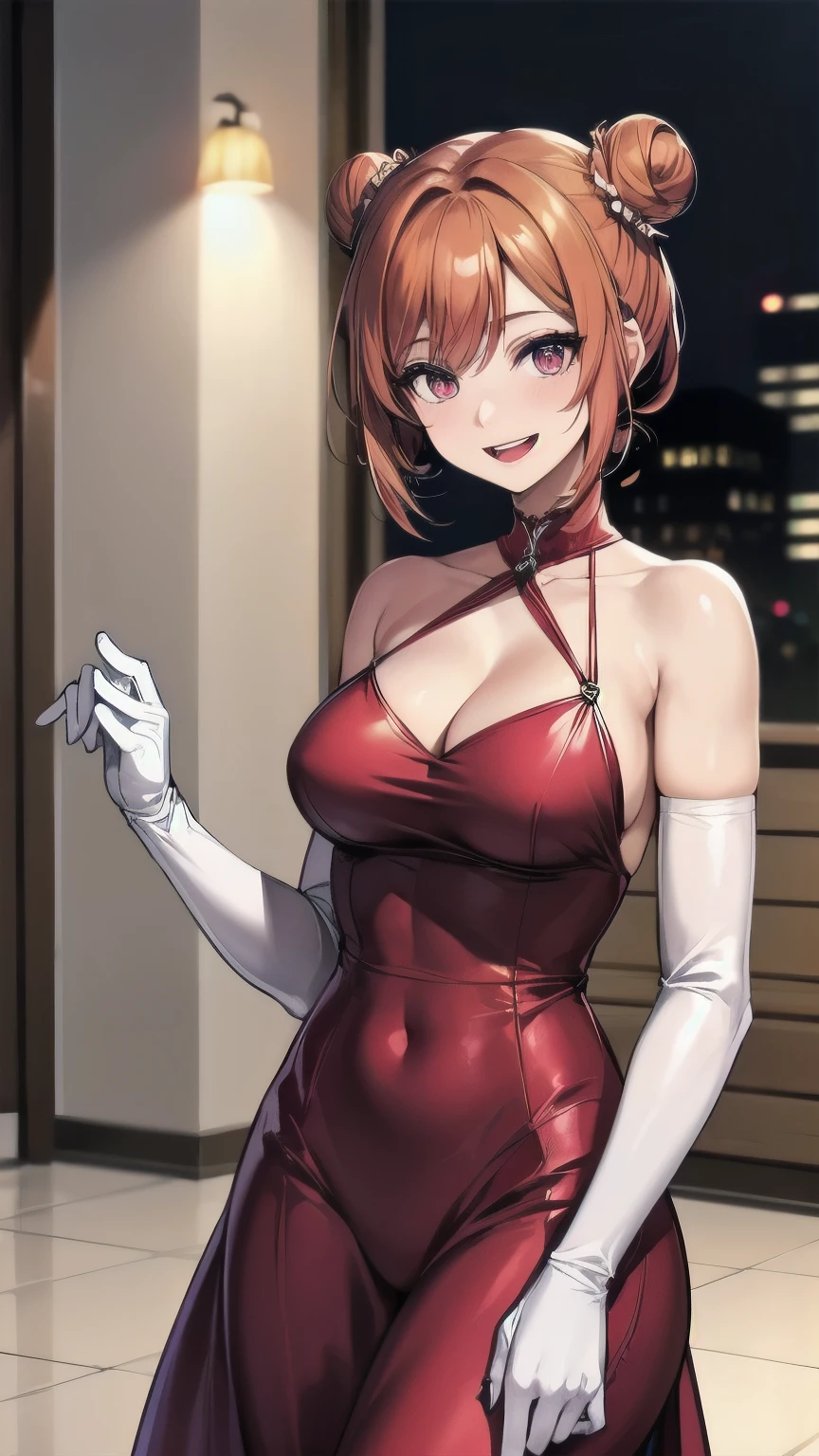 (masterpiece), best quality, expressive eyes, perfect face, 1girl, solo, tomboy, mature female, big breasts, short hair, , orange hair BREAK hair buns, double buns, pink eyes BREAK night dress, red dress BREAK red lipstick BREAK shiny dress, elbow gloves, white gloves BREAK standing,  , fancy lobby, indoors,(crowd, people), female focus, looking_at_viewer, bare shoulders, sleeveless dress, indoors, ((fancy hotel, lobby)) , smile, open mouth, looking at viewer 