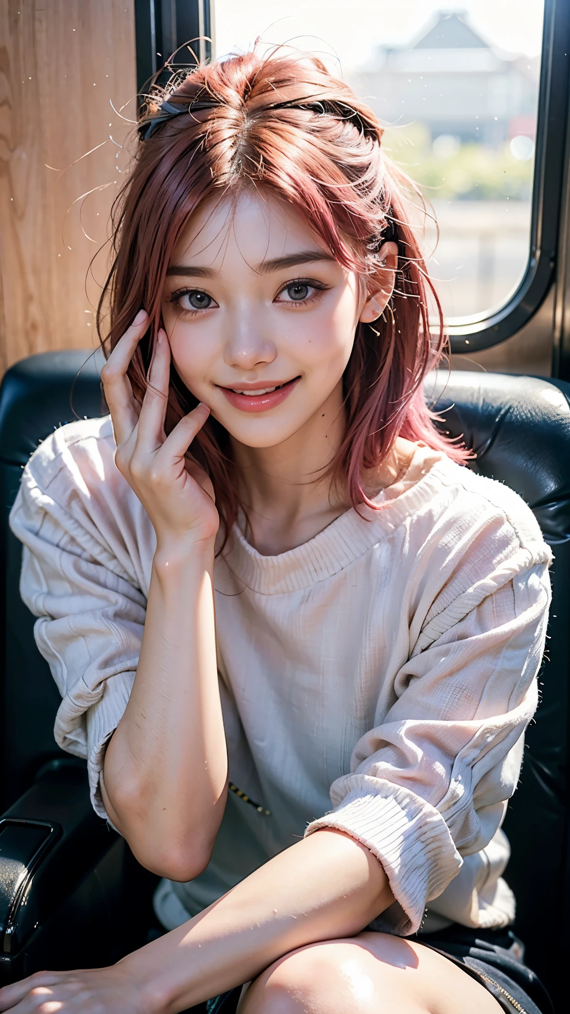 highest quality, masterpiece, Ultra-high resolution, (Realistic:1.4), (Close-up portrait) RAW Photos, 1 girl,20-year-old,((Inside the Shinkansen)),((Wireless Earphones)),((Pose with index finger on cheek)),,((Passionate pink haired girl&#39;Makeup)),((High Fashion)),Messy Hair,((Cap Chestnut)),((Short bangs)),Realistic,Picture Media Chest)),((Smiling with teeth showing)),((Big smile))