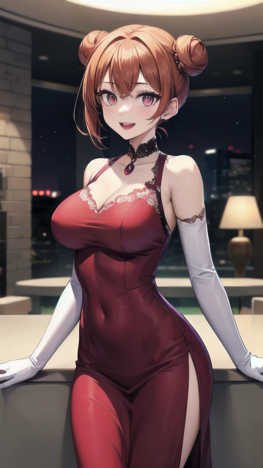 (masterpiece), best quality, expressive eyes, perfect face, 1girl, solo, tomboy, mature female, big breasts, short hair, , orange hair BREAK hair buns, double buns, pink eyes BREAK night dress, red dress BREAK red lipstick BREAK shiny dress, elbow gloves, white gloves BREAK standing,  , fancy lobby, indoors,(crowd, people), female focus, looking_at_viewer, bare shoulders, sleeveless dress, indoors, ((fancy hotel, lobby)) , smile, open mouth, looking at viewer 