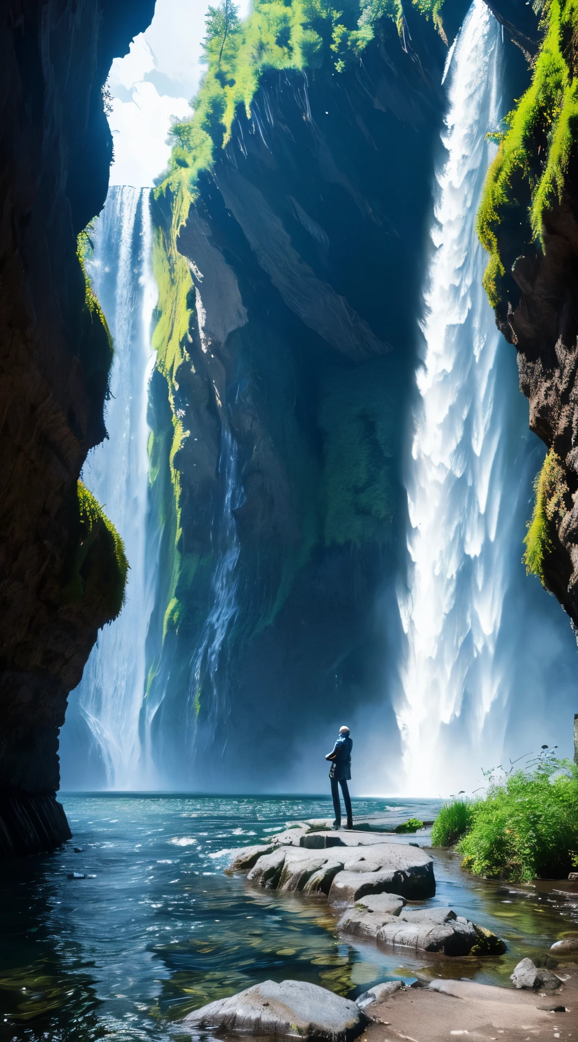 Tatsumaki, One Punch Man,masterpiece, 最high quality, high quality, Very detailed 8k CG unit wallpaper, scenery, Outdoor, null, cloud, Day, water, wood, blue null, waterfall, cliff, nature, lake, river, cloudy null, Award-winning photography, Bokeh, Depth of written boundary, High resolution, flower, chromatic aberration, Realistic, Very detailed, Art Station Trends, CGsociety Trends, Complex, Attention to detail, dramatic, Art on the go