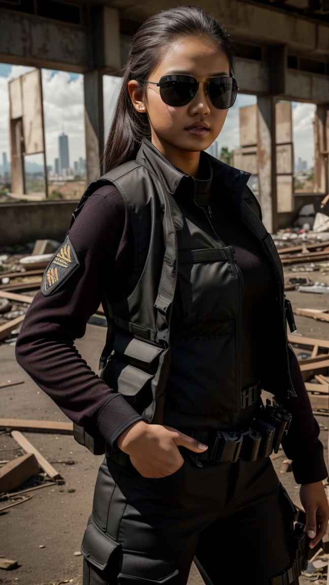 Picture taken with Sony A7RIV, realistic, 8K, Hi-Res picture, masterpiece, perfect shoot, detailed complicated background, Gorgeous twenty years old Indonesian girl, dark brown hair, busty, fair, slender, perfect modeling pose, ((wearing black tactical outfit paired with tactical vest)), sun glasses, standing on abandoned and ruined city.