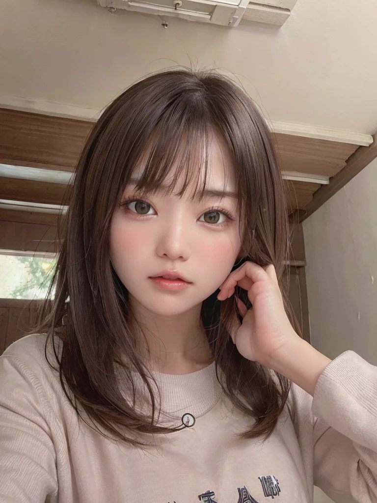((8k, RAW Photo, Best Quality, Masterpiece: 1.3),((highest quality)), ((masterpiece)), ((Perfect Face))、21 years old,、Brown Hair、orgasm、blushed、Sweaty all over、Ahegao、Sweatshirts、Sweat pants、at home、Open your mouth wide、Close ~ eyes、On knees、Looking into the camera from below、The camera is angled from the ceiling.、