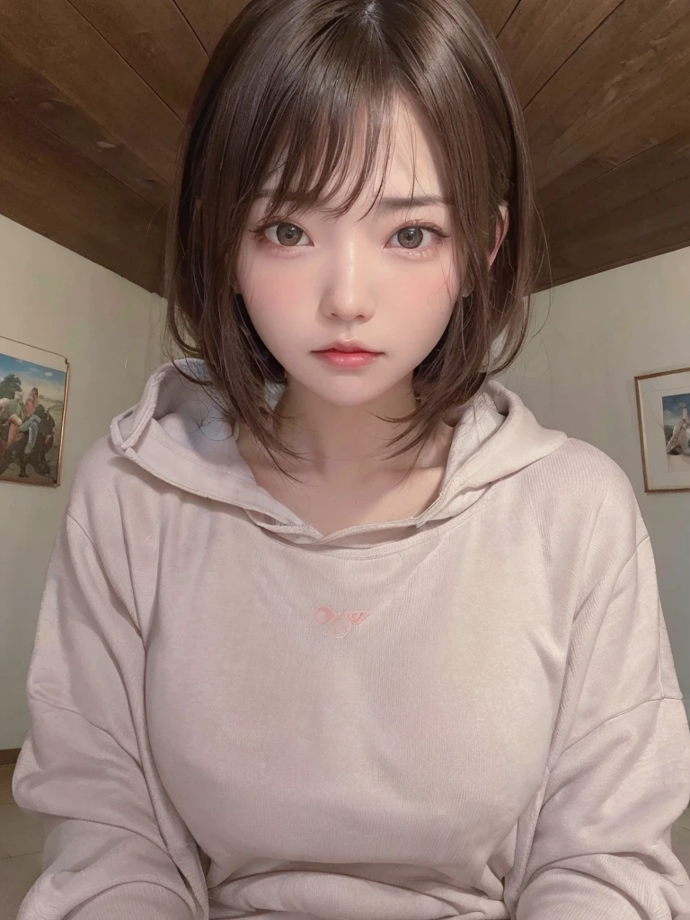 ((8k, RAW Photo, Best Quality, Masterpiece: 1.3),((highest quality)), ((masterpiece)), ((Perfect Face))、21 years old,、Brown Hair、orgasm、blushed、Sweaty all over、Ahegao、Sweatshirts、Sweat pants、at home、Open your mouth wide、Close ~ eyes、On knees、Looking into the camera from below、The camera is angled from the ceiling.、