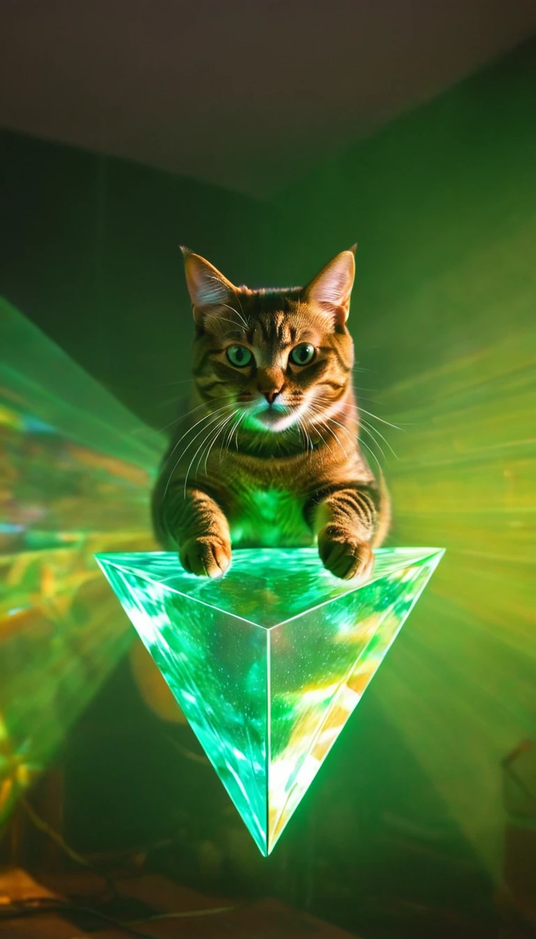 1cat，blingbling，The upper body of a cat flies out of the prism，transmit，Motion blurred，triangle，Movie-level lighting effects，close up，detailed face，jade