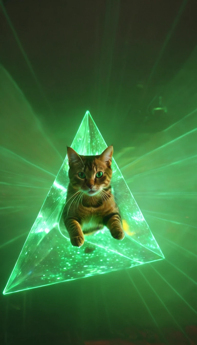 1cat,blingbling,The upper body of a cat flies out of the prism,transmit,Motion blurred,triangle,Movie-level lighting effects,close up,detailed face,jade