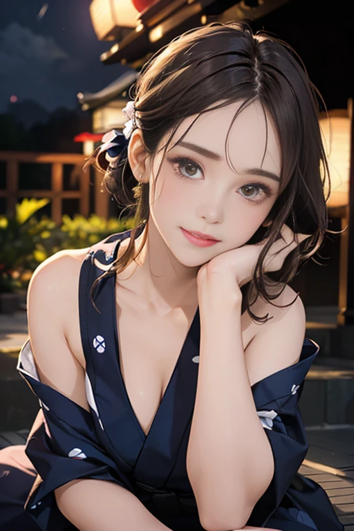 (Masterpiece:1.3), high resolution, Ultra detailed, Extremely detailed Cg Unity 8K wallpaper, Realistic, photo-realistic, RAW photo, Beautiful detailed face, Pale skin, realistic glittering skin, Detailed cloth texture, Detailed hair texture, Perfect body, Beautiful face, Accurate, Anatomically correct, Highly detailed face and skin texture, Natural neck length, (Beautiful hands), (Fair skin:1.2), Thin legs, Thin feet, (The teeth are arranged neatly:1.1), Sweaty skin,
Break,
Detailed eyes, symetrical eyes, Light brown eyes, Double eyelids, Thin eyebrows, (Glossy lips:1.4), ((pretty smile:1.2)), (Blush:1.1), (Sparkling little hair ornaments:1.1),
Break,
(An elegant girl:1.3), (Wearing (Dark blue yukata:1.2) There is a white flower pattern),
Break,
Large breasts, Slender figure, Firm Abs,
((updo-hairstyle, dark gold hair, Wavy hair, Long hair, asymmetricalbangs:1.2)), (Close-up Shot Shot:1.2), (Look sideways at the audience:1.1), From next to me,
Break,
((sit on stairs,Gently lift your chin in Odaiba:1.2)), ((Super huge colorful fireworks bloom in the night sky:1.2)),