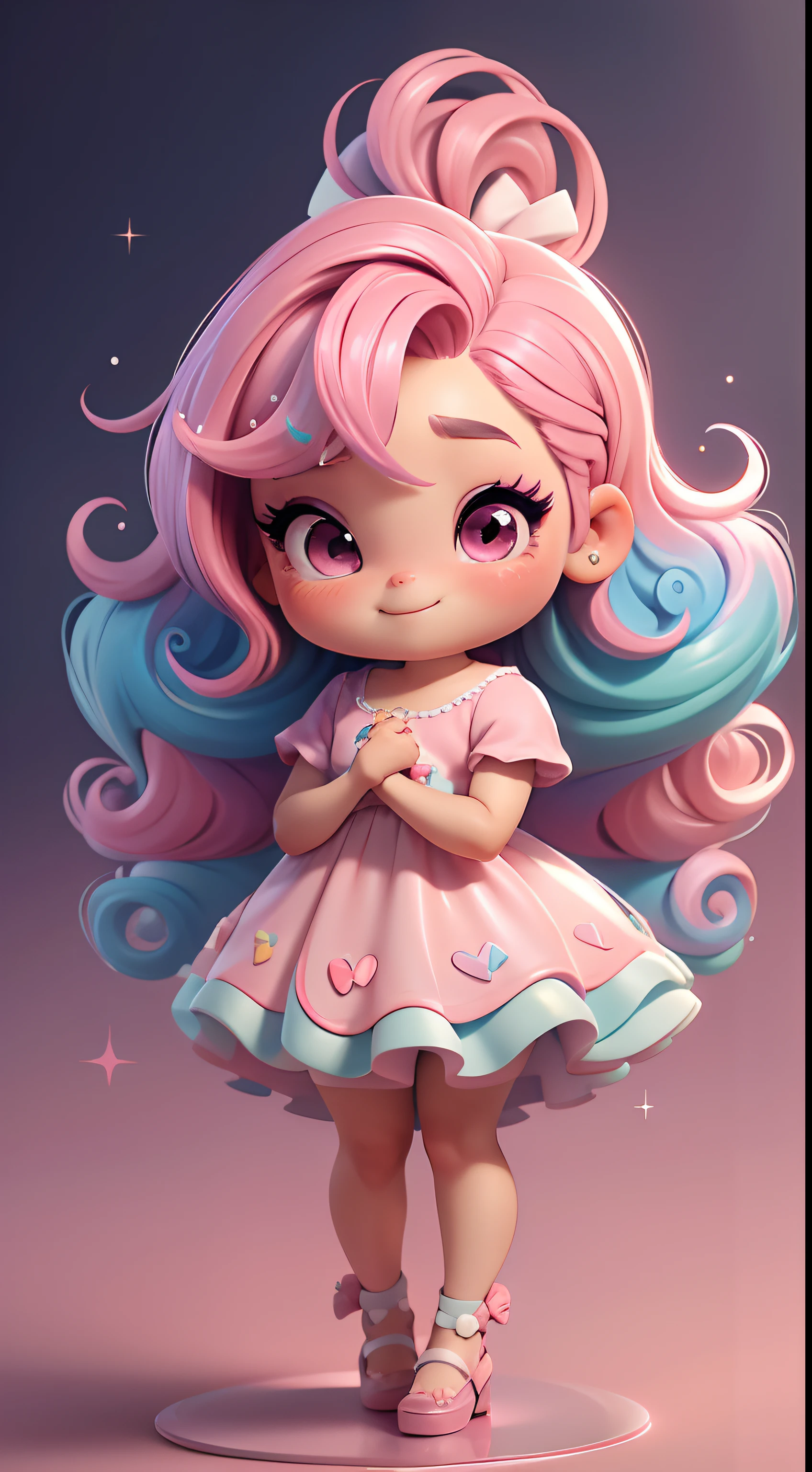 a chibi girl, Pink skirt, Long hair, rainbow hair color, ballet shoes, Pink bow headband, flash, Smile,