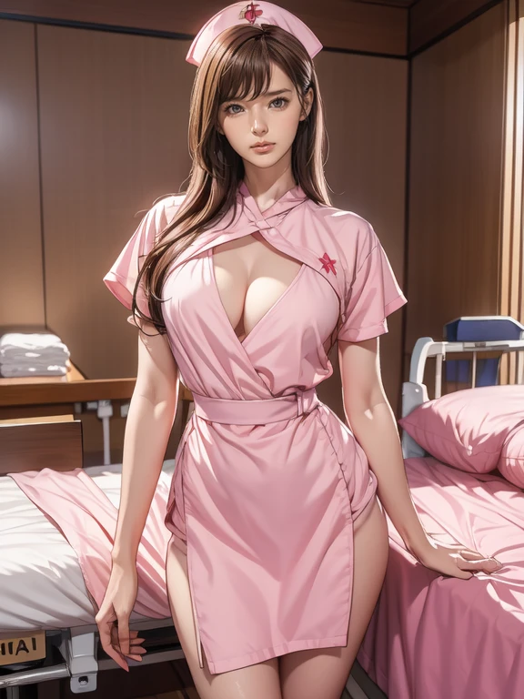 Pornographic Images,Cinematic scene,Fantasy Art,Highest image quality,hyperrealistic portrait,(8K),Ultra-realistic,Best Quality,High quality,High Definition,high quality texture,high detailing,Beautiful detailed,fine detailed,extremely details CG,Detailed texture,realistic representation of face,masutepiece,presence,Dynamic,Bold,1gir,(ideal ratio body proportions:1.5),Ultra detailed skin,Curve,,Beautiful breasts,Large breasts,pale skin,pointed breast,Erect nipples,(Thin hair),(Soft hair),(ultra straight hair),Swept long bangs,very light coppery amber hair,Hair over one eye,(pink nurse uniform:1.3),(gravure pose:1.5),(hospitals、Hospital Room、Patient bed:1.5),(smile:1.4),