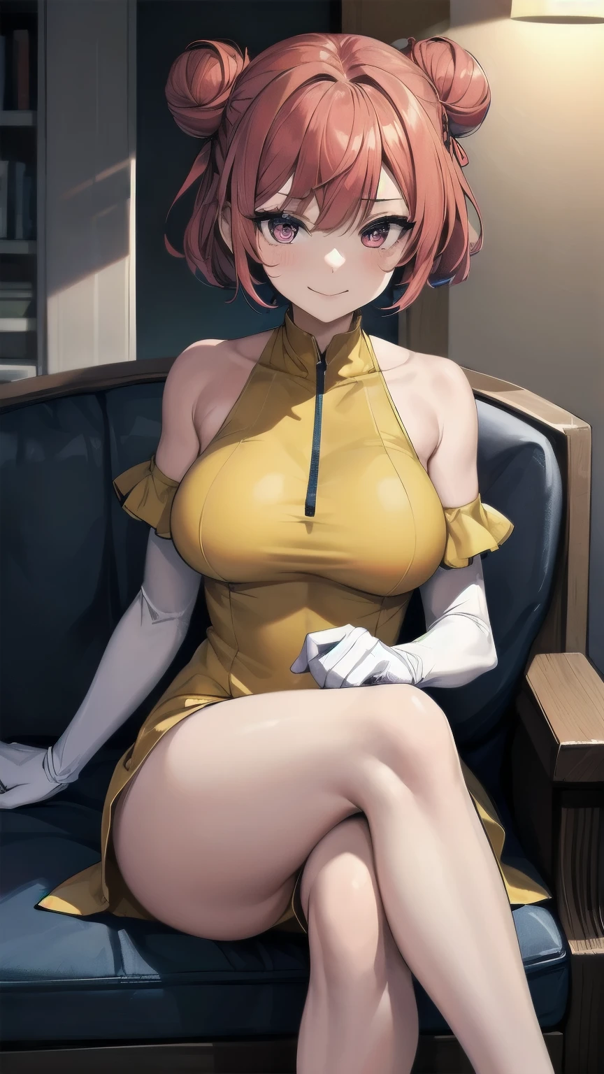 (masterpiece), best quality, expressive eyes, perfect face, 1girl, solo, tomboy, mature female, big breasts, short hair, , orange hair BREAK hair buns, double buns, pink eyes BREAK night dress, yellow dress BREAK red lipstick BREAK shiny dress, elbow gloves, white gloves BREAK standing, closed mouth, fancy room, looking_at_viewer, bare shoulders, sleeveless dress, coach, sitting on coach, pov, she gots nice bare legs, smirk, looking at viewer, blush, closed mouth, crossed legs 