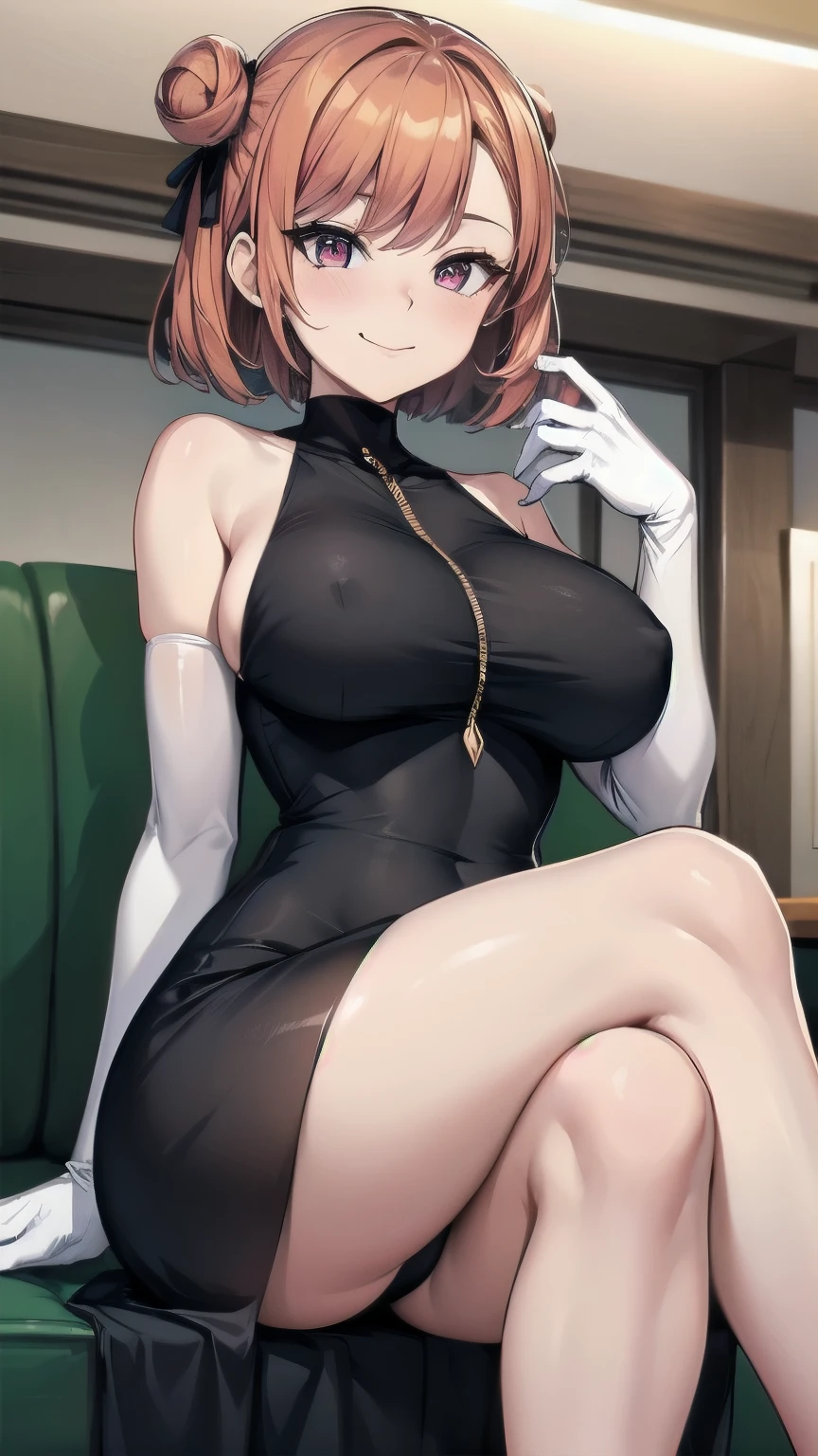 (masterpiece), best quality, expressive eyes, perfect face, 1girl, solo, tomboy, mature female, big breasts, short hair, , orange hair BREAK hair buns, double buns, pink eyes BREAK night dress, yellow dress BREAK red lipstick BREAK shiny dress, elbow gloves, white gloves BREAK standing, closed mouth, fancy room, looking_at_viewer, bare shoulders, sleeveless dress, coach, sitting on coach, pov, she gots nice bare legs, smirk, looking at viewer, blush, closed mouth, crossed legs