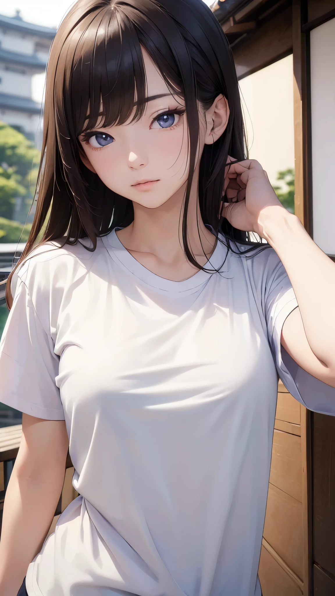 (((masterpiece))),(((High resolution)))、(((8K)))、(((perfect face)))、(((beauty of japan)))、25 years old、((tight simple T-shirt)), look at the camera, (top quality eyes), detailed face, detailed texture, look at the camera
