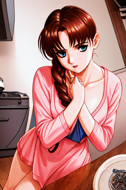 indoor, In the kitchen,
Standing on the floor,
apron, clavicle, (黄color_shirt),
bangs, Brown Hair, blue eyes,Single Blade, Orange hair ribbon, 
1 girl, 20 years,young woman,beautiful Finger,beautiful long legs,beautiful body,beautiful Nose,beautiful character design, Perfect Eyes, perfect face,Expressive eyes,
View your viewers, Center the image,(upper_body),(Focus on her face),
Official Art,Very detailed CG ユニティ 8k 壁紙, Perfect lighting,colorful, bright_front_face_Lighting,Shiny skin,
(masterpiece:1.0),(Highest_quality:1.0), 超High resolution,4K,Very detailed,
photograph, 8k, High resolution, High resolution, Absurd:1.2, Kodak Portrait 400, Film Grain, Blurred Background, Bokeh:1.2, Lens flare, (Vibrant_color:1.2)
(beautiful,chest), (beautiful_face:1.5),(narrow_Waist),