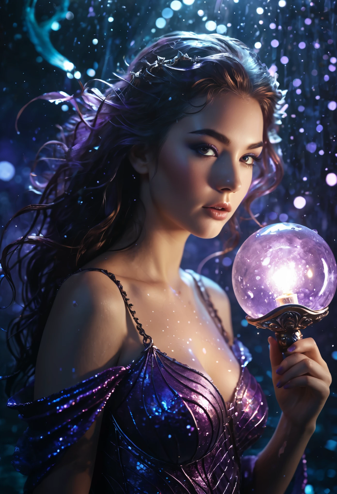 realism, realistic photography of a siren, backlighting, beautiful whimsical fantasy art concept, detailed background, glowing particles, amethyst theme, intricate details, ultra sharp hyperkraximalism, chaos,