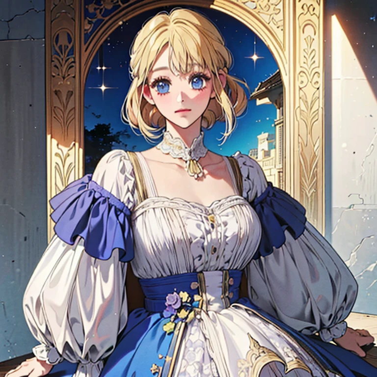tarot card layout,Best quality, Masterpiece, (Realistic:0.6), Realistic lighting,Flower frame, Decorative panels, abstract artistic, Alphonse Mucha, (Art Nouveau, A high resolution: 1.4), A detailed, Complicated details, 4K,Wheel of Fortune,golden colored,Solid, BREAK, highly detailed of (elf), (1girl), solo, big breast, perfect face, details eye, Bob cut hair, Blunt bangs, (hair between eye), blonde pink hair, blue eyes, in the style art by Artgerm, by Kawacy, by Yoshitaka Amano, BREAK, eyelashes, makeup, eyeshadow, pink eyeshadow, light pink lips, smile, blush, BREAK, corsages, jirai kei, (jirai kei fashion:1.1), Frills, Skirts, Various accessories, (ear piercing), punky style, Japanese subculture, fashion, Stockings, colorful, (Dark circles:1.2),