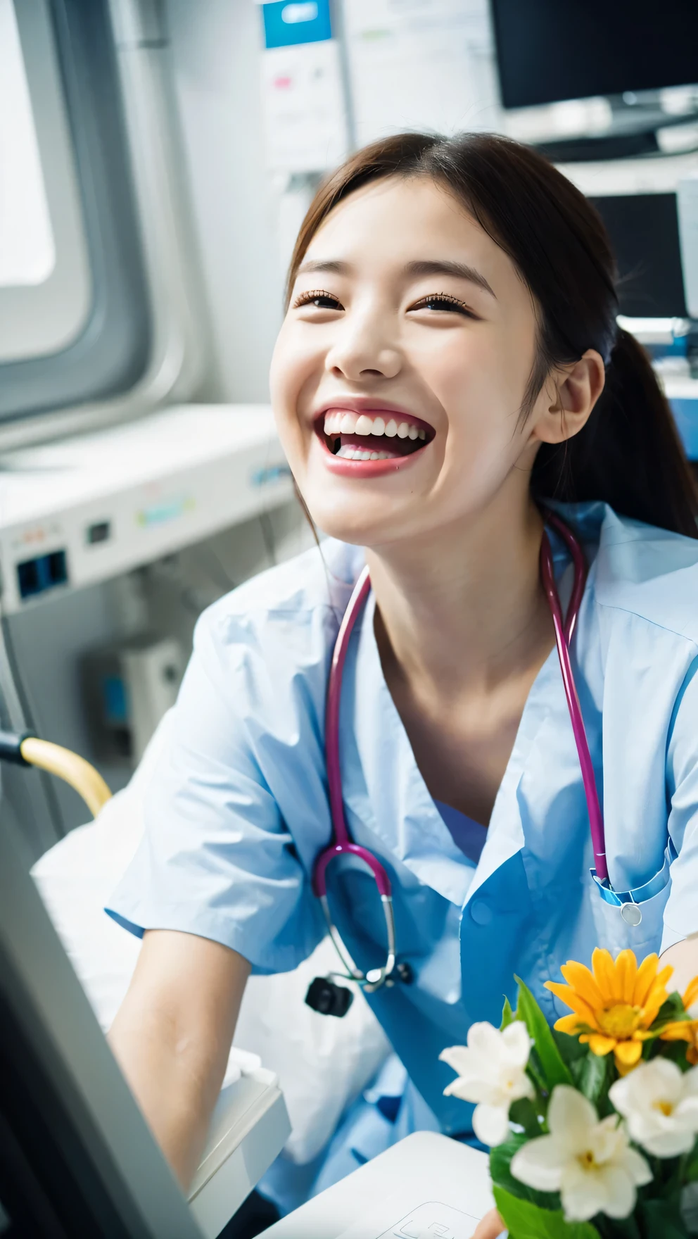 (Raw photo, highest quality), (8K, highest quality, masterpiece: 1.2), Super detailed, super resolution, beautiful girl, (great laughing:1.1), open your mouth. working at hospital, Pov