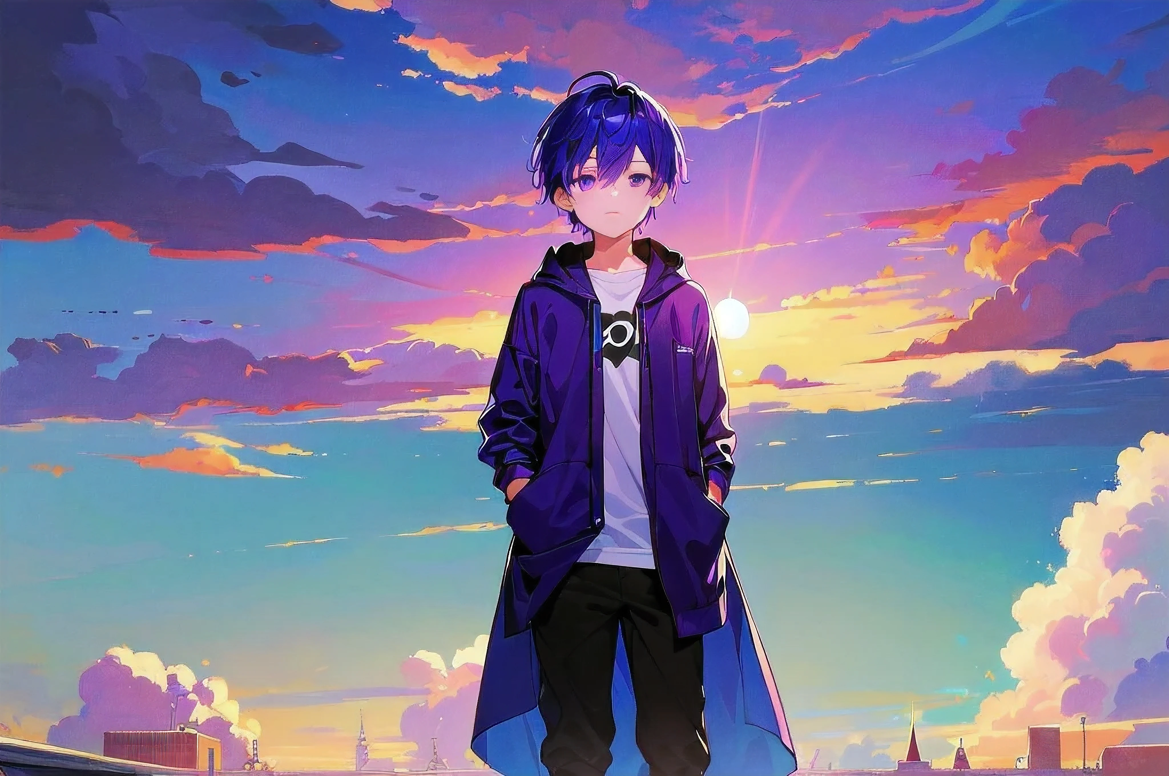 [(APOCALYPSE End of WORLD:1.5),::5], ((((masterpiece)))), high quality, very_high_resolution, large_filesize, full color, ((younger boy)), , short deepblue hair, vivid color, ((Purple eye)), civilian clothes white, animestyle, (SUNSET SKY)
