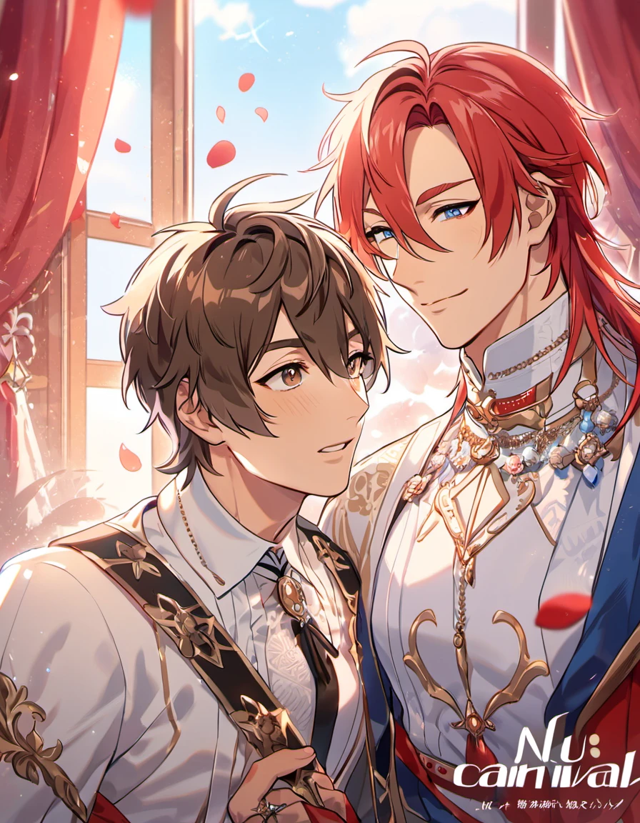 absurdres, highres, ultra detailed, HDR, master piece, best quality, Eiden, brown hair, expressive brown eyes, Nu Carnival, Dante with tanned skin, long red hair, expressive blue eyes, two men together, gay couple, handsome, fantasy black and white clothes, red curtains, window, petals