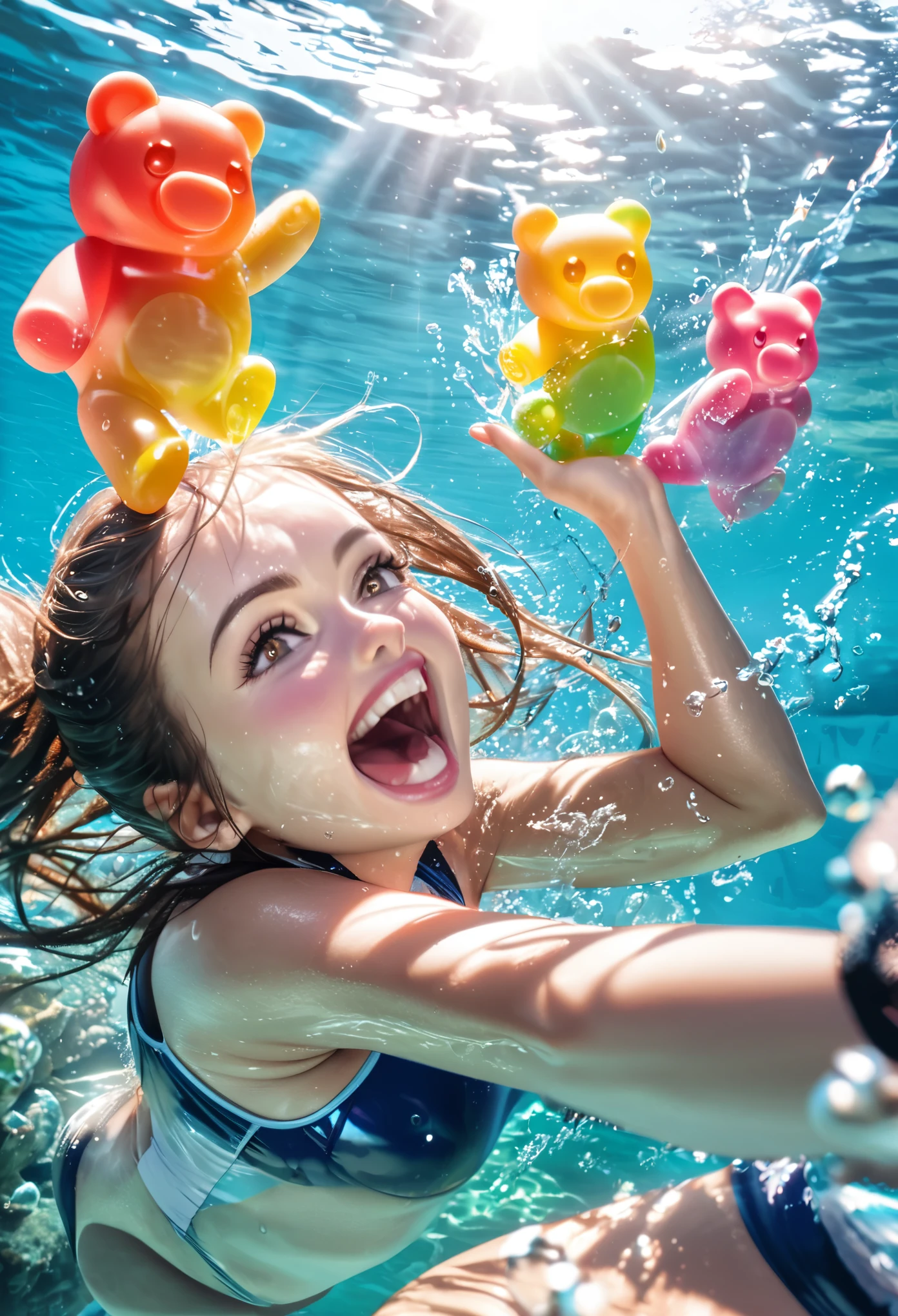 a diving gummy bear,girls mouth,gummy bear,ocean,swimmer,olympic diver(to emphasize professional diving skills),fruit-flavored,shiny,sparkling eyes,delicious-looking,open mouth,excitement,water splashing,splish-splash sound,sunlight,water bubbles,bright colors,vivid underwater scenery,underwater life,cheerful expression,funny poses,high jump,flexible body,perfect technique,athletic,high res photo-realistic,crystal clear water,aquatic environment,evocative lighting,warm reflections,playful atmosphere,smooth actions,precise movements