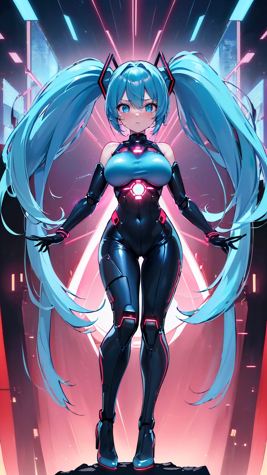 最high quality、Best image quality、masterpiece、Hatsune Miku VOCALOID、、Android Girl((18-year-old、red, A glowing black and blue cyber suit、Blue energy source on chest,Best Bust、Big Breasts、Bust 90、Twin tails、Light blue eyes、Light blue hair、Open your chest wide、valley、happiness、Slender、Expressionless、salute、Tight-fitting inner suits、Please stand in front、Countless cable connections throughout the body、Particles of light、Sharp clawed arms))high quality、Beautiful art、background((Research Facilities、Neon color、Cyber World、red lighting))、Tabletop、Exquisite design、Visual Arts、Feature films、depth(The rampaging android army)