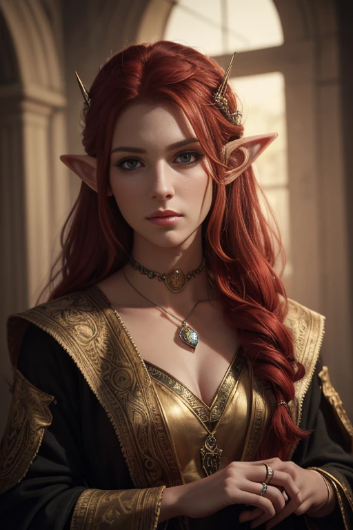 Ancient, noble elf, Celestia, Scarlet hair, rings, female creature, prehistoric era, heiress, Extremely realistic shading, masterpiece, extremely detailed, photorealistic, perfect lighting,