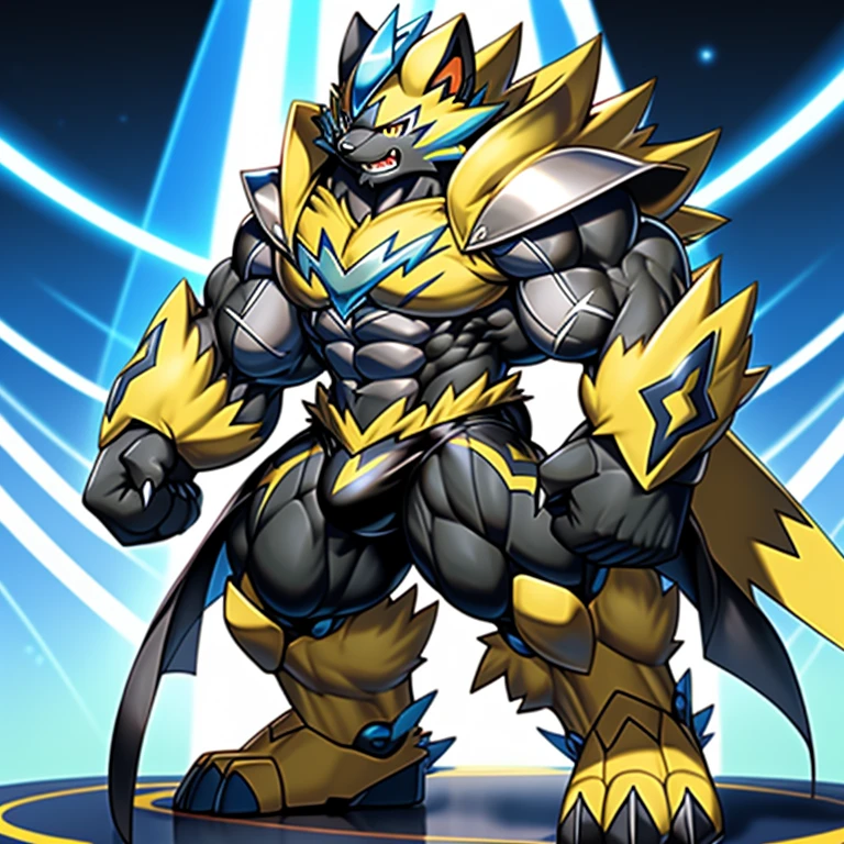 (Pokémon) Zeraora's giant robot. big muscle. GIANT. pecs, triceps, traps, waist narrow. body full of huge muscles. 
He wears a black cloak on his back. The cloak is so long that it touches the ground, The claws are sharp, Sharp teeth, Protecting Zeraora's design and color scheme. Wearing cyberpunk mecha, Its full plate armor emphasizes the muscles. He wears the same armor as himself from head to foot. unusually developed muscular body, (Pokémon) A Zeraora at the bodybuilding competition, massive, huge muscular bodybuilder with extraordinary biceps, pecs, triceps, traps, gigachad, 300 lbs. bulge in the crotch, wears a small black string thong that reveals huge, muscular thighs. (metallic color: jet black thong)