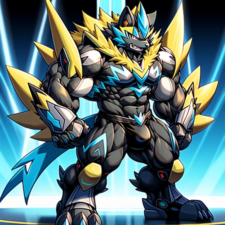 (Pokémon) Zeraora's giant robot. big muscle. GIANT. pecs, triceps, traps, waist narrow. body full of huge muscles.
He wears a black cloak on his back. The cloak is so long that it touches the ground, The claws are sharp, Sharp teeth, Protecting Zeraora's design and color scheme. Wearing cyberpunk mecha, Its full plate armor emphasizes the muscles. He wears the same armor as himself from head to foot. unusually developed muscular body, (Pokémon) A Zeraora at the bodybuilding competition, massive, huge muscular bodybuilder with extraordinary biceps, pecs, triceps, traps, gigachad, 300 lbs. bulge in the crotch, wears a small black string thong that reveals huge, muscular thighs. (metallic color: jet black thong)