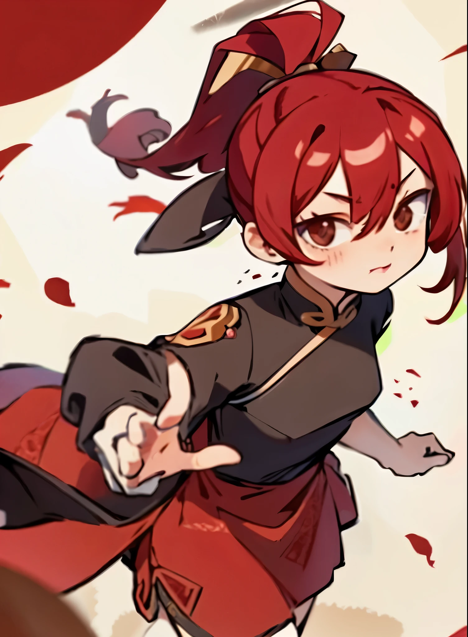 highest quality, masterpiece,China dress、Crimson Hair、Hair between the eyes、ponytail、Brat、Saucy、8age、Small breasts、Dynamic Angle、