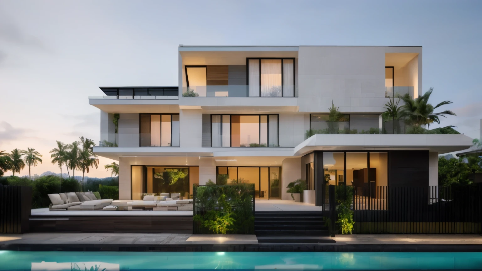 (masterpiece),(high quality), best quality, real,(realistic), super detailed,(full detail),(4k),8k,modern house exterior design,Tropical house,Vietnamese town house,Blackandwhite, ((Glass_and_steel)), whitestone,Beautiful_sky,sunrise_light,((no_strong_contrast)), no_humans, outdoors,sky,((Tropical_trees))