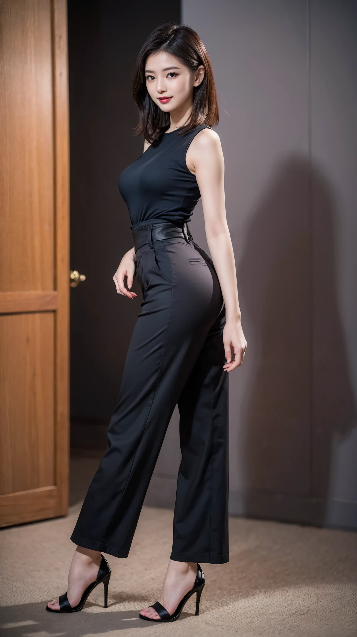 highest quality,masterpiece,Ultra-high resolution,Original photo,Ultra-high resolution,Beautiful woman 25 years old woman'Fashion that was popular in the 1990s,Long legs:1.5,Wide-leg trousers,high waist,Full Body,Flashy makeup using red eyeshadow,Big smile,Short cut with subtle side waves,Gray background,