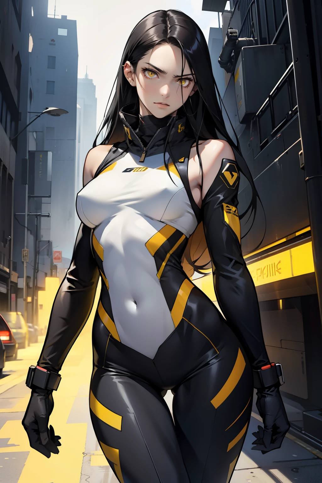 1 girl, black hair, yellow eyes, very long hair, pale skin, fit body, slender body, slim waist, large breasts, (confident expression), pilot suit, thigh gap, bare thighs, sleeveless