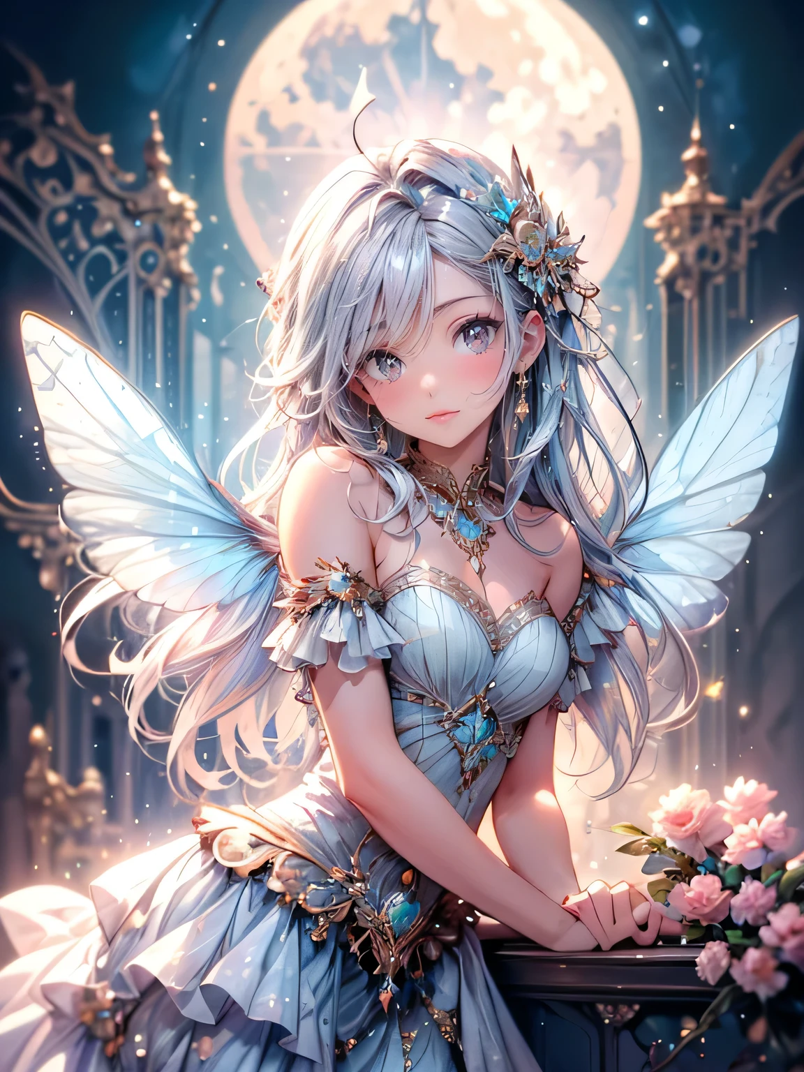 masterpiece, highest quality, 8k, highres, beautiful highest details, old castle balcony,  moon light, butterfly spirit, sheer dress, bare shoulder, strapless, tears, rainbow butterfly wings:1.2, flying sky:1.2, view from below, sparkling eyes, bright rosy lips