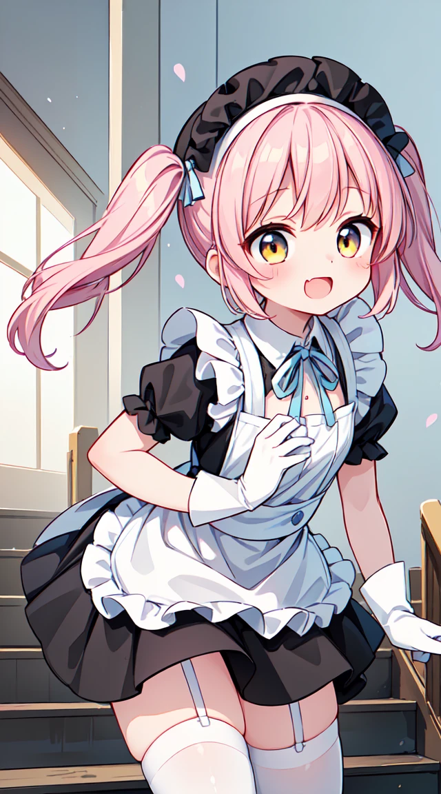 (superfine illustration:1.2),(masutepiece, 8K), (Best Quality, High quality:1.4), portlate、((Super Pastel)),Perfect Anatomy, Hyper Detailed, ultra-detailliert,masterpiece background,beautiful detailed background, V8K Wallpapers,perfect design, 1girl in, Solo, (Singing and dancing:1.4),(Confetti:1.4),(One-handed microphone)、)(Outstretched arms,slender, Very short sleeves,Pink hair,maid, Outstanding smile、frombelow, Cowboy Shot:1.2), (lightsmile, Open mouth, 17 years old, Pink hair, (Super long hair,Twin-tailed), Blue eyes, Blue eyes, Black blouse, Short sleeves, maid apronl, white maid apron, Long black trousers, Long pants, long boots, Slender girl), (Inside a coffee shop in a fantasy world of medieval Europe)、(dynamic motion)、