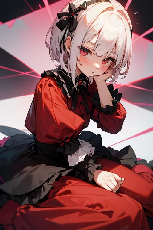 Short white hair, blush, Gothic Lolita、Punk Fashion、Headbang 2.、Red clothes、