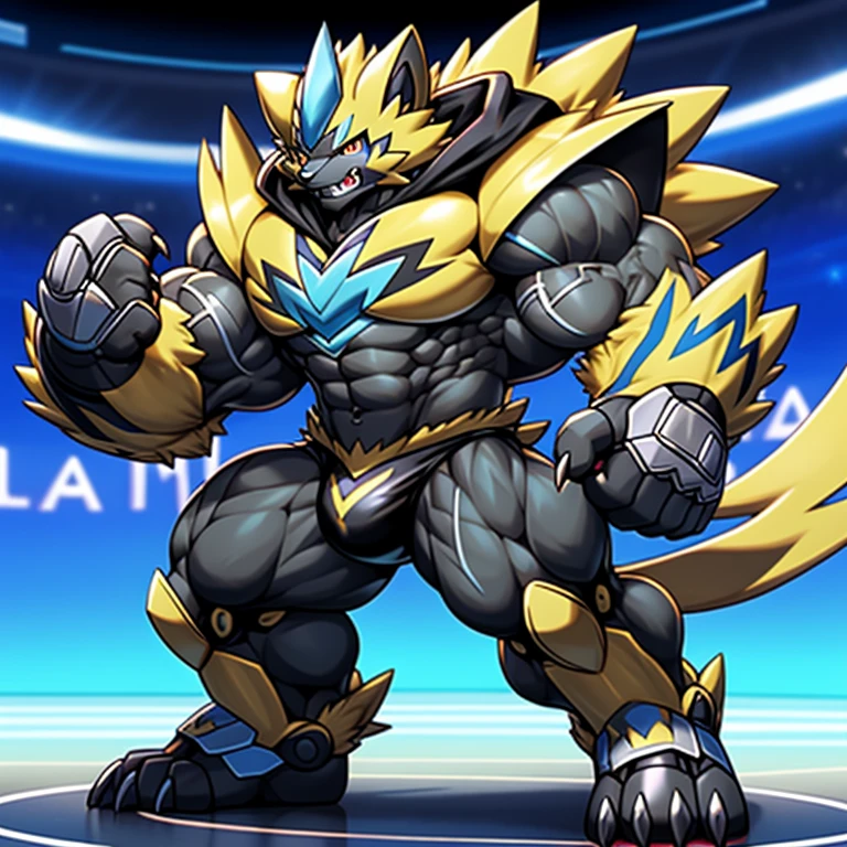 (Pokémon) Zeraora's giant robot. big muscle. GIANT. pecs, triceps, traps, waist narrow. body full of huge muscles.
He wears a black cloak on his back. The cloak is so long that it touches the ground, The claws are sharp, Sharp teeth, Protecting Zeraora's design and color scheme. Wearing cyberpunk mecha, Its full plate armor emphasizes the muscles. He wears the same armor as himself from head to foot. unusually developed muscular body, (Pokémon) A Zeraora at the bodybuilding competition, massive, huge muscular bodybuilder with extraordinary biceps, pecs, triceps, traps, gigachad, 300 lbs. bulge in the crotch, wears a small black string thong that reveals huge, muscular thighs. (metallic color: jet black thong) The claws are sharp,
Sharp teeth,
