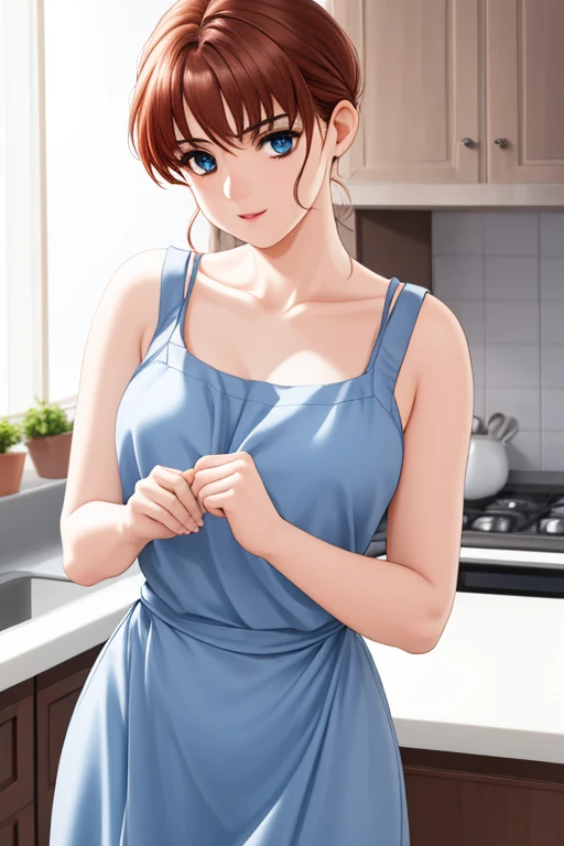 indoor, In the kitchen,
Standing on the floor,
apron, clavicle, (黄color_shirt),
bangs, Brown Hair, blue eyes,Single Blade, Orange hair ribbon, 
1 girl, 20 years,young woman,beautiful Finger,beautiful long legs,beautiful body,beautiful Nose,beautiful character design, Perfect Eyes, perfect face,Expressive eyes,
View your viewers, Center the image,(upper_body),(Focus on her face),
Official Art,Very detailed CG ユニティ 8k 壁紙, Perfect lighting,colorful, bright_front_face_Lighting,Shiny skin,
(masterpiece:1.0),(Highest_quality:1.0), 超High resolution,4K,Very detailed,
photograph, 8k, High resolution, High resolution, Absurd:1.2, Kodak Portrait 400, Film Grain, Blurred Background, Bokeh:1.2, Lens flare, (Vibrant_color:1.2)
(beautiful,chest), (beautiful_face:1.5),(narrow_Waist),