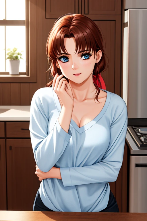 indoor, In the kitchen,
Standing on the floor,
apron, clavicle, (黄color_shirt),
bangs, Brown Hair, blue eyes,Single Blade, Orange hair ribbon, 
1 girl, 20 years,young woman,beautiful Finger,beautiful long legs,beautiful body,beautiful Nose,beautiful character design, Perfect Eyes, perfect face,Expressive eyes,
View your viewers, Center the image,(upper_body),(Focus on her face),
Official Art,Very detailed CG ユニティ 8k 壁紙, Perfect lighting,colorful, bright_front_face_Lighting,Shiny skin,
(masterpiece:1.0),(Highest_quality:1.0), 超High resolution,4K,Very detailed,
photograph, 8k, High resolution, High resolution, Absurd:1.2, Kodak Portrait 400, Film Grain, Blurred Background, Bokeh:1.2, Lens flare, (Vibrant_color:1.2)
(beautiful,chest), (beautiful_face:1.5),(narrow_Waist),