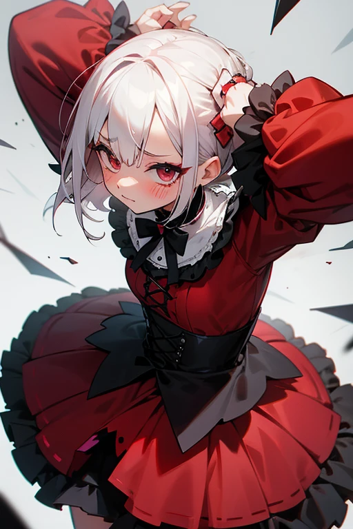Short white hair, blush, Gothic Lolita、Punk Fashion、Headbang 2.、Red clothes、