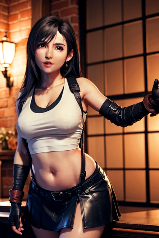 8k,masterpiece, Best quality,Huge 、(1 Girl)、tifa lockhart、Red_Eye、Black Hair、Long hair、Fluttering hair, adult beauty、Smooth skin、shiny big、 ((Top quality))、 Clear focus:1.2、Highly detailed face and skin texture、细致的Eye、Face perfect、Perfect body、Art from、CG、Blurred Background、A strong presence、(Huge sagging breasts、Cleavage,)),cleveage、, thigh粗壮,Perfect body,(20 years,Mature and cool beautiful face)、wear ((Black suspender skirt)),(( Black elbow gloves,white tight shirt、thigh、White vest、Ankle boots、Red Boots、a belly button、Red blush))、Jukebox、Old bar、Upper Body、a smile,Professional-looking light sources、flowing hair、Random angle、 Low Rise,Thick and tight、face lamp, movie lighting、Midgar、Random pose