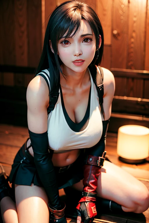 8k,masterpiece, Best quality,Huge 、(1 Girl)、tifa lockhart、Red_Eye、Black Hair、Long hair、Fluttering hair, adult beauty、Smooth skin、shiny big、 ((Top quality))、 Clear focus:1.2、Highly detailed face and skin texture、细致的Eye、Face perfect、Perfect body、Art from、CG、Blurred Background、A strong presence、(Huge sagging breasts、Cleavage,)),cleveage、, thigh粗壮,Perfect body,(20 years,Mature and cool beautiful face)、wear ((Black suspender skirt)),(( Black elbow gloves,white tight shirt、thigh、White vest、Ankle boots、Red Boots、a belly button、Red blush))、Jukebox、Old bar、Upper Body、a smile,Professional-looking light sources、flowing hair、Random angle、 Low Rise,Thick and tight、face lamp, movie lighting、Midgar、Random pose