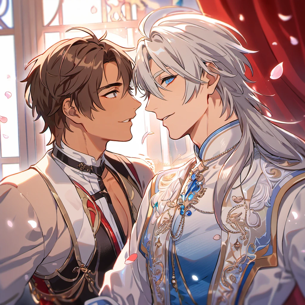 absurdres, highres, ultra detailed, HDR, master piece, best quality, Eiden, brown hair, expressive brown eyes, Nu Carnival, Dante, tanned skin, long red hair, expressive blue eyes, two men together, gay couple, handsome, fantasy black and white clothes, red curtains, window, petals