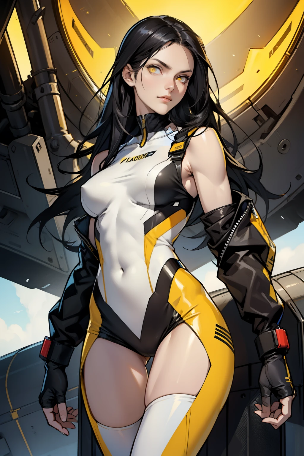 1 girl, black hair, yellow eyes, very long hair, pale skin, fit body, slender body, slim waist, large breasts, (confident expression), pilot suit, thigh gap, bare thighs, sleeveless