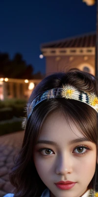 (8k, masterpiece, best quality), ultra-detailed, detailed beautiful round eyes, beautifully detailed face, high quality, high resolution, 1 girl, normal breast, (Devine cloth:1.5), nighttime, night garden background