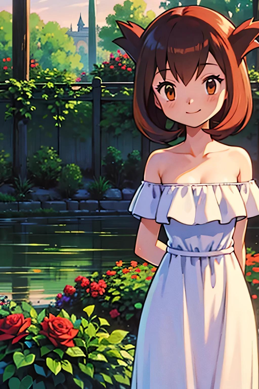 masterpiece, best quality, ultra-detailed, illustration, beautiful detailed eyes, very detailed illustration, cinematic lighting, 1 girl, solo, Pokemon Heroes (Bianca), Brown Hair, brown eyes, bare shoulders, strapless, off shoulders, white ruffle off the shoulder maxi dress, intricate details, sharp focus, high resolution, the background of beautiful garden with rose bushes, on a beautiful night, crescent moon, smile, standing near a lake, arms behind back, anime style, ultra-detailed, hdr, far at the bottom, in the center, Close up
