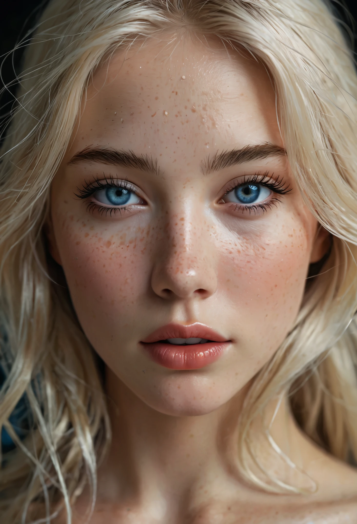 score_9, score_8_up, close-up, long platinum blonde hair, freckles, full lips, blue eyes, long eye lashes, (nude), highly detailed face, beautiful artwork illustration, (portrait composition:1.3), low key, shallow depth of field, focus on eyes, (score_9, score_8_up,) high res, phenomenal aesthetic, Amazing photo, (realistic:1.2), shiny real skin, slightly round face, very sexy, moist lips, enticing, seductive, on a tropical beach, ((best quality)), ((masterpiece)), (detailed),
